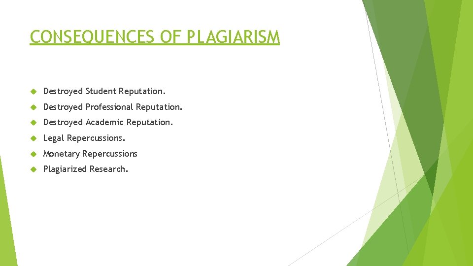 CONSEQUENCES OF PLAGIARISM Destroyed Student Reputation. Destroyed Professional Reputation. Destroyed Academic Reputation. Legal Repercussions.