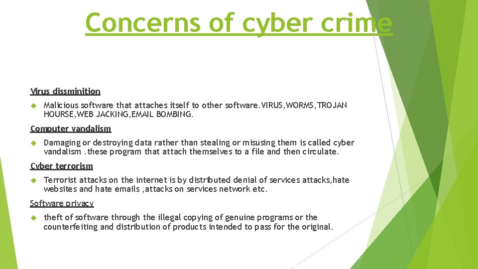 Concerns of cyber crime Virus dissminition Malicious software that attaches itself to other software.