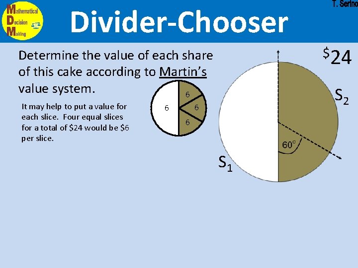 Divider-Chooser $24 Determine the value of each share of this cake according to Martin’s