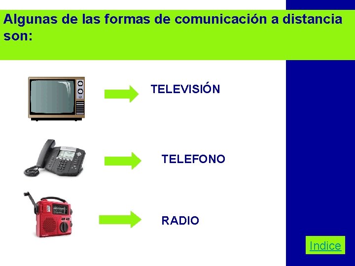 Algunas de las formas de comunicación a distancia son: TELEVISIÓN TELEFONO RADIO Indice 