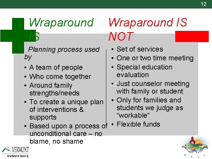 12 Wraparound IS NOT • Planning process used by • • • A team