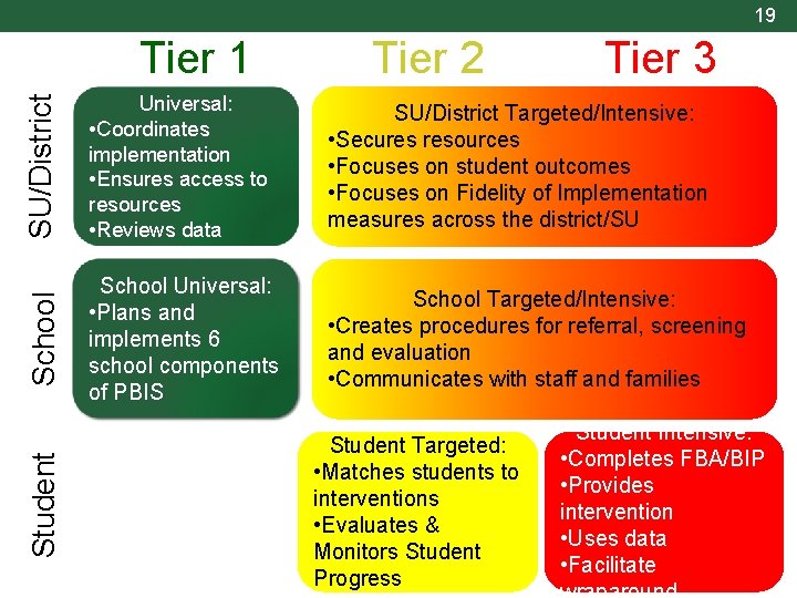 19 Tier 3 SU/District Targeted/Intensive: • Secures resources • Focuses on student outcomes •