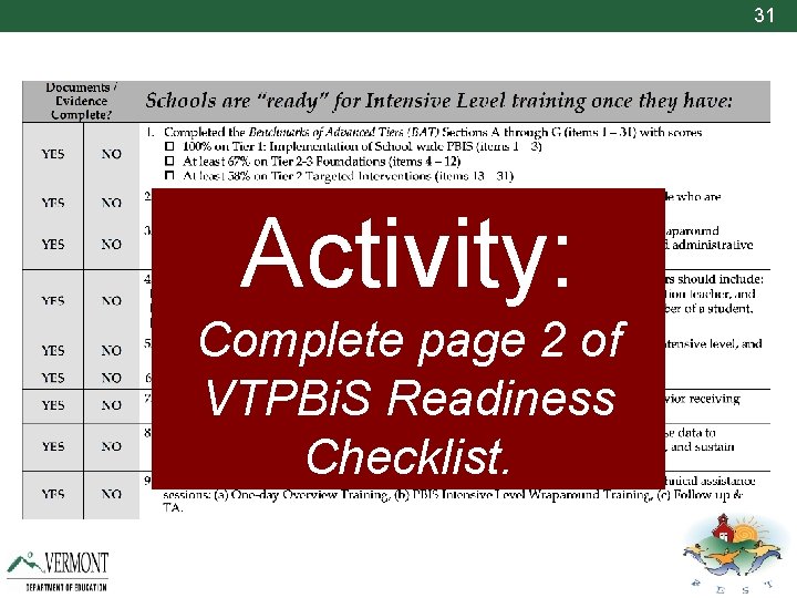 31 Activity: Complete page 2 of VTPBi. S Readiness Checklist. 