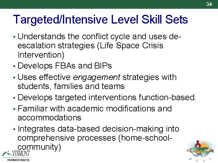 34 Targeted/Intensive Level Skill Sets • Understands the conflict cycle and uses de- escalation