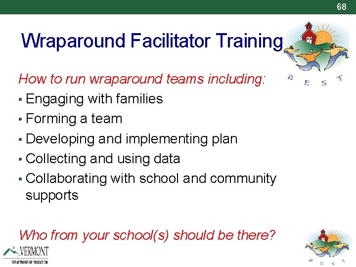68 Wraparound Facilitator Training How to run wraparound teams including: • Engaging with families