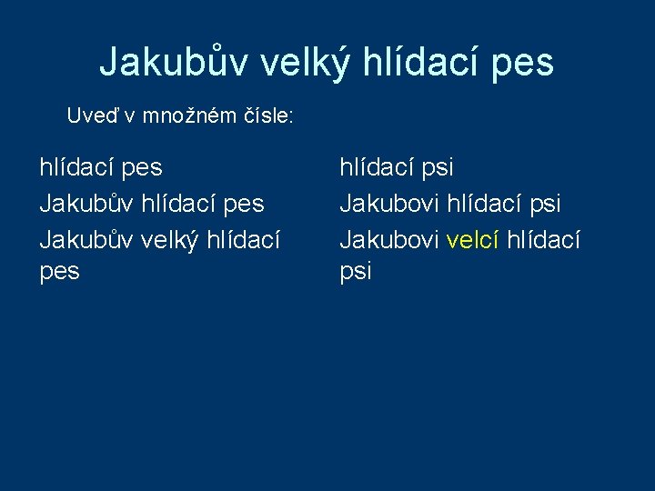 Jakubův velký hlídací pes Uveď v množném čísle: hlídací pes Jakubův velký hlídací pes Jakubův velký hlídací pes Uveď v množném čísle: hlídací pes Jakubův velký hlídací pes