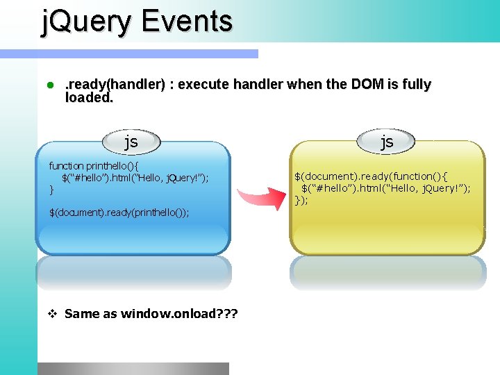 j. Query Events l . ready(handler) : execute handler when the DOM is fully