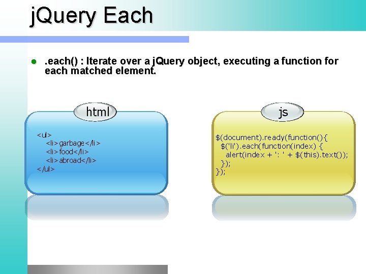 j. Query Each l . each() : Iterate over a j. Query object, executing