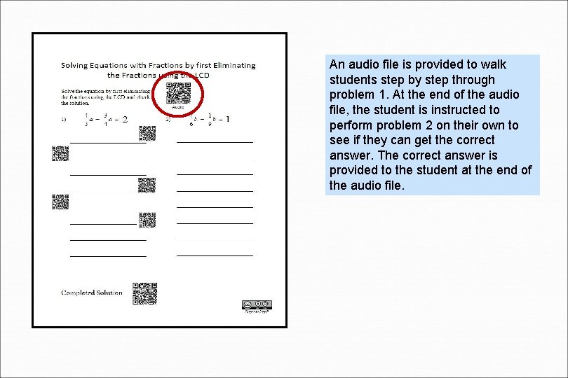 An audio file is provided to walk students step by step through problem 1.