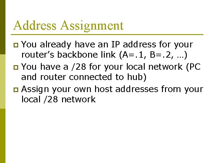 Address Assignment You already have an IP address for your router’s backbone link (A=. Address Assignment You already have an IP address for your router’s backbone link (A=.