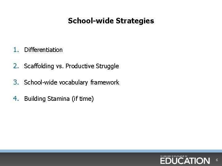 School-wide Strategies 1. Differentiation 2. Scaffolding vs. Productive Struggle 3. School-wide vocabulary framework 4.