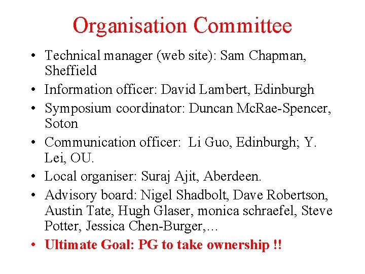 Organisation Committee • Technical manager (web site): Sam Chapman, Sheffield • Information officer: David Organisation Committee • Technical manager (web site): Sam Chapman, Sheffield • Information officer: David