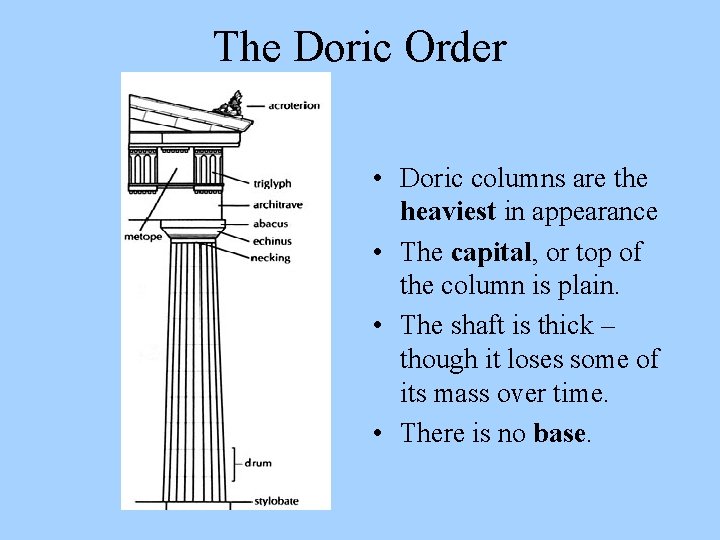 The Doric Order • Doric columns are the heaviest in appearance • The capital,