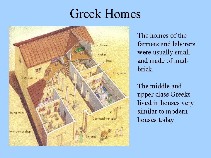 Greek Homes The homes of the farmers and laborers were usually small and made