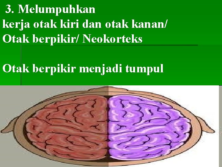 3. Melumpuhkan kerja otak kiri dan otak kanan/ Otak berpikir/ Neokorteks Otak berpikir menjadi