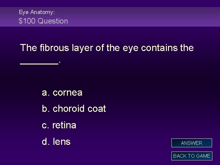 Eye Anatomy: $100 Question The fibrous layer of the eye contains the _______. a.