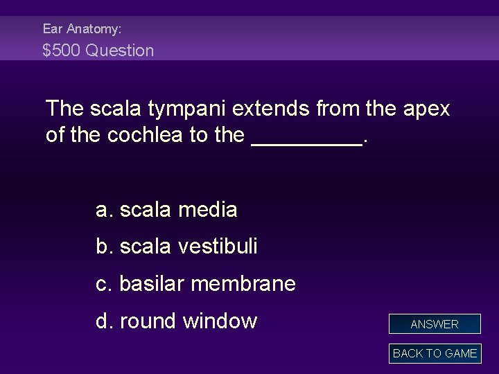 Ear Anatomy: $500 Question The scala tympani extends from the apex of the cochlea