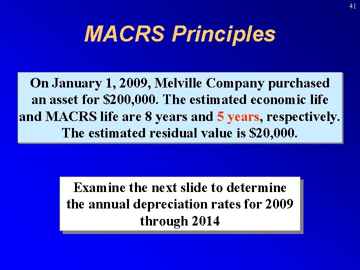 41 MACRS Principles On January 1, 2009, Melville Company purchased an asset for $200,