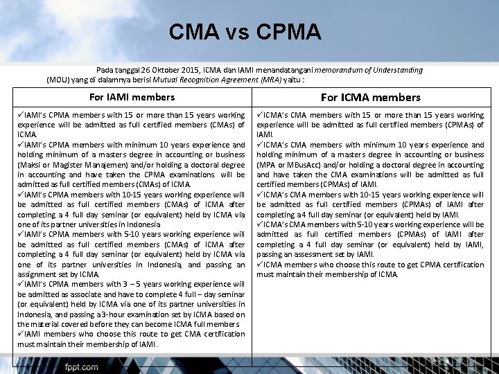 CMA vs CPMA Pada tanggal 26 Oktober 2015, ICMA dan IAMI menandatangani memorandum of