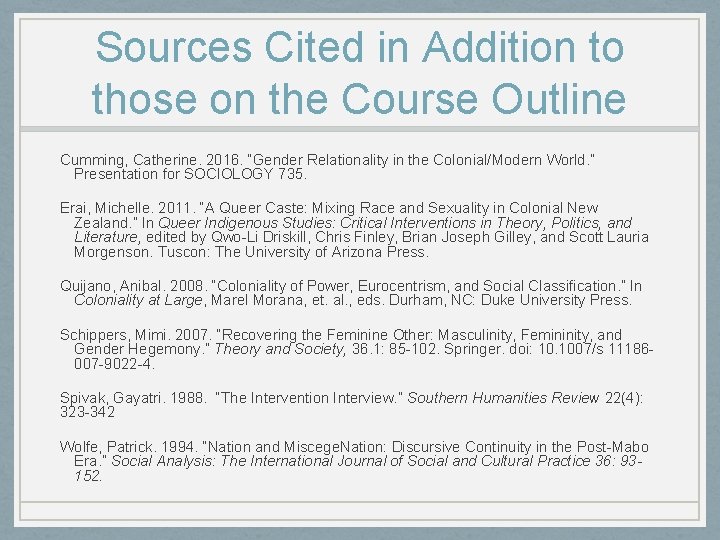 Sources Cited in Addition to those on the Course Outline Cumming, Catherine. 2016. “Gender