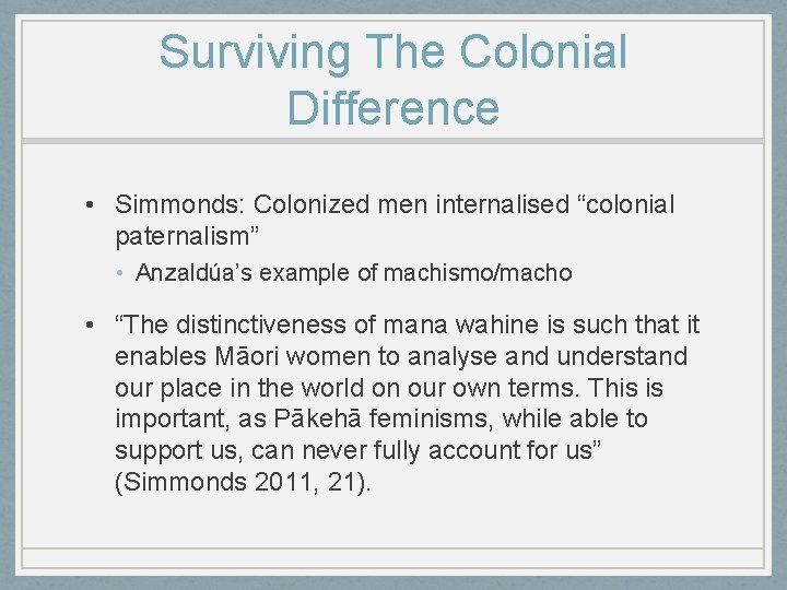 Surviving The Colonial Difference • Simmonds: Colonized men internalised “colonial paternalism” • Anzaldúa’s example