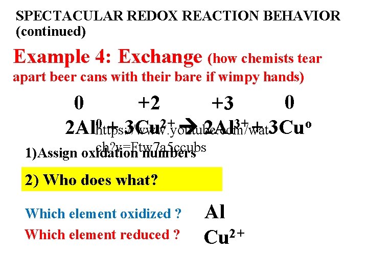 SPECTACULAR REDOX REACTION BEHAVIOR (continued) Example 4: Exchange (how chemists tear apart beer cans