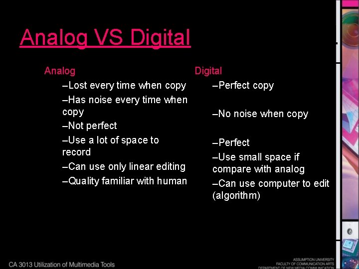 Analog VS Digital Analog Digital –Lost every time when copy –Perfect copy –Has noise
