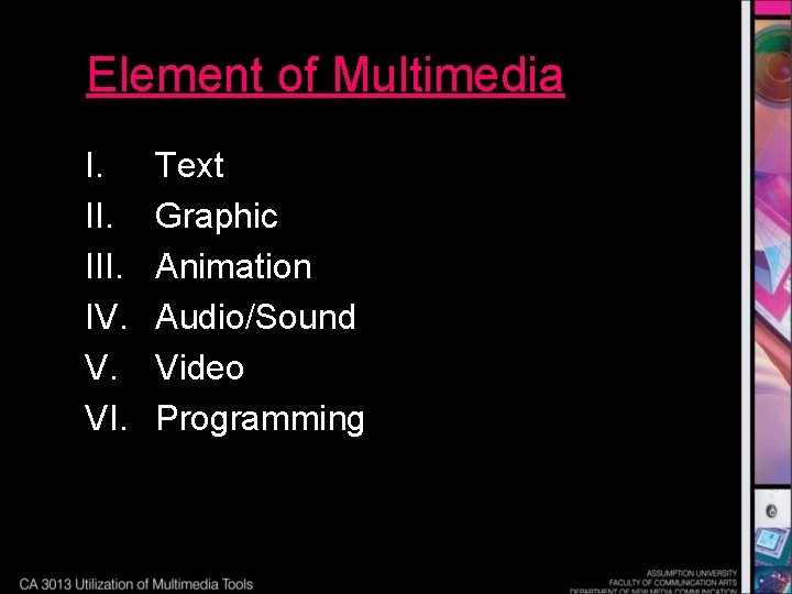 Element of Multimedia I. III. IV. V. VI. Text Graphic Animation Audio/Sound Video Programming