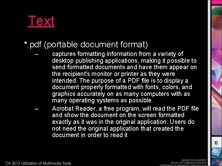 Text *. pdf (portable document format) – – captures formatting information from a variety