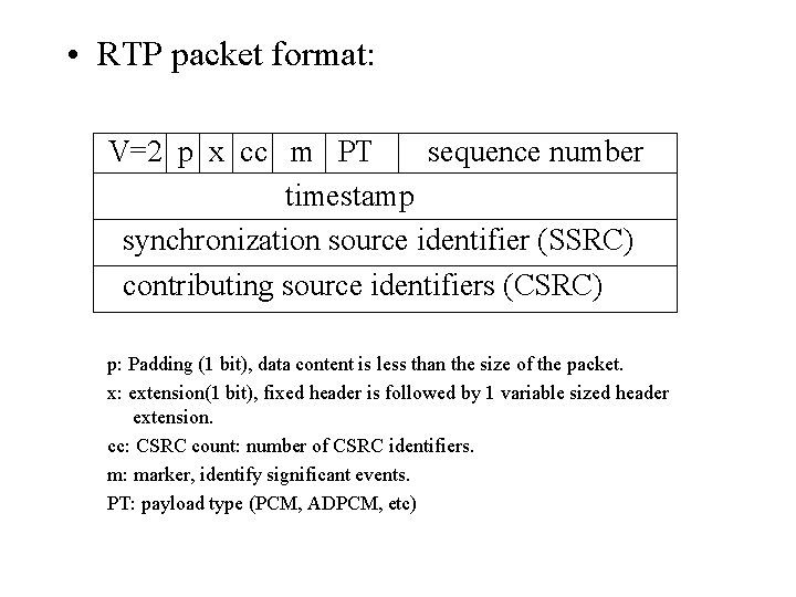 • RTP packet format: V=2 p x cc m PT sequence number timestamp • RTP packet format: V=2 p x cc m PT sequence number timestamp