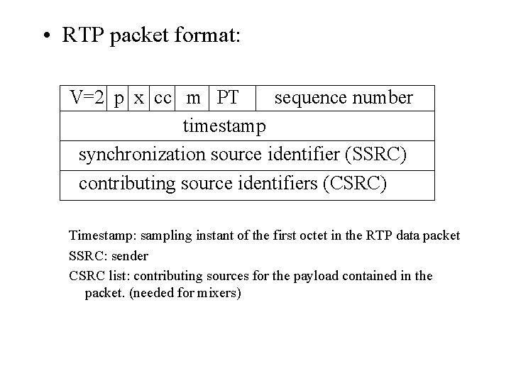 • RTP packet format: V=2 p x cc m PT sequence number timestamp • RTP packet format: V=2 p x cc m PT sequence number timestamp