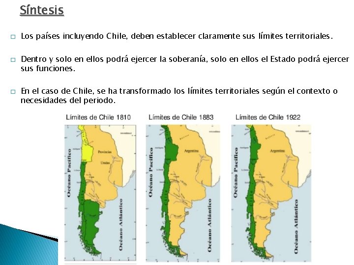 Síntesis � � � Los países incluyendo Chile, deben establecer claramente sus límites territoriales. Síntesis � � � Los países incluyendo Chile, deben establecer claramente sus límites territoriales.