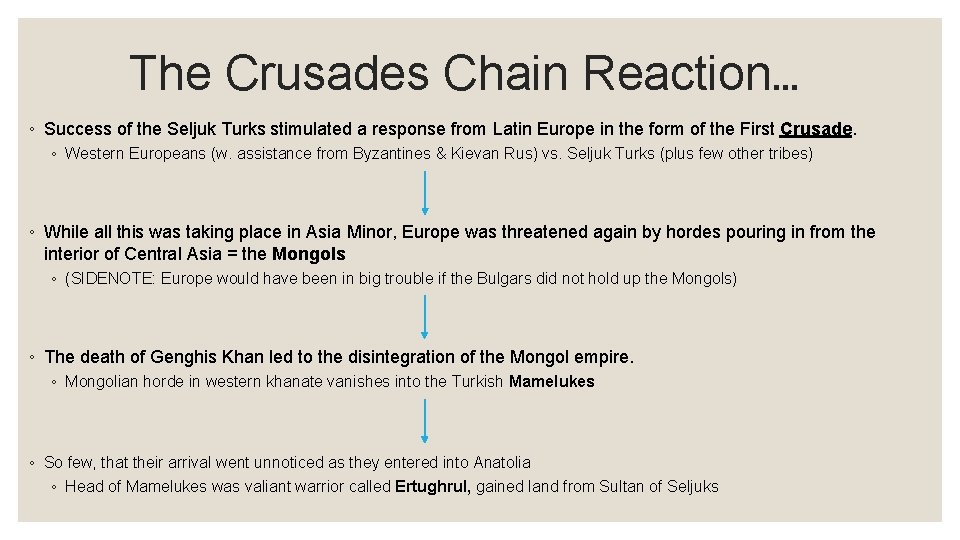 The Crusades Chain Reaction… ◦ Success of the Seljuk Turks stimulated a response from