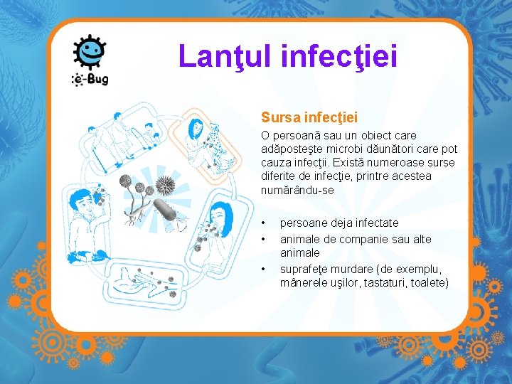 Lanţul infecţiei Sursa infecţiei O persoană sau un obiect care adăposteşte microbi dăunători care