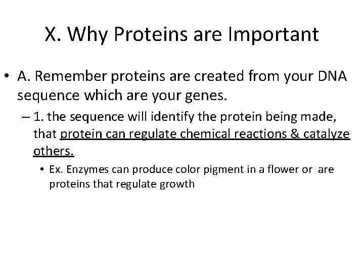 X. Why Proteins are Important • A. Remember proteins are created from your DNA