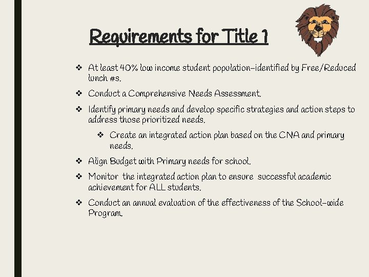 Requirements for Title 1 ❖ At least 40% low income student population-identified by Free/Reduced