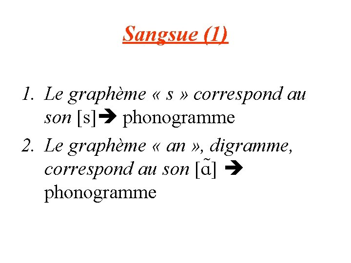 Sangsue (1) 1. Le graphème « s » correspond au son [s] phonogramme 2.
