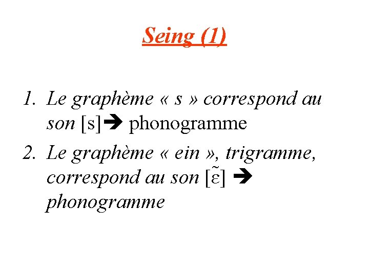 Seing (1) 1. Le graphème « s » correspond au son [s] phonogramme 2.