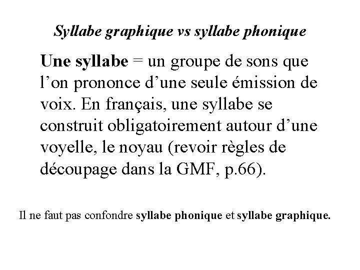 Syllabe graphique vs syllabe phonique Une syllabe = un groupe de sons que l’on