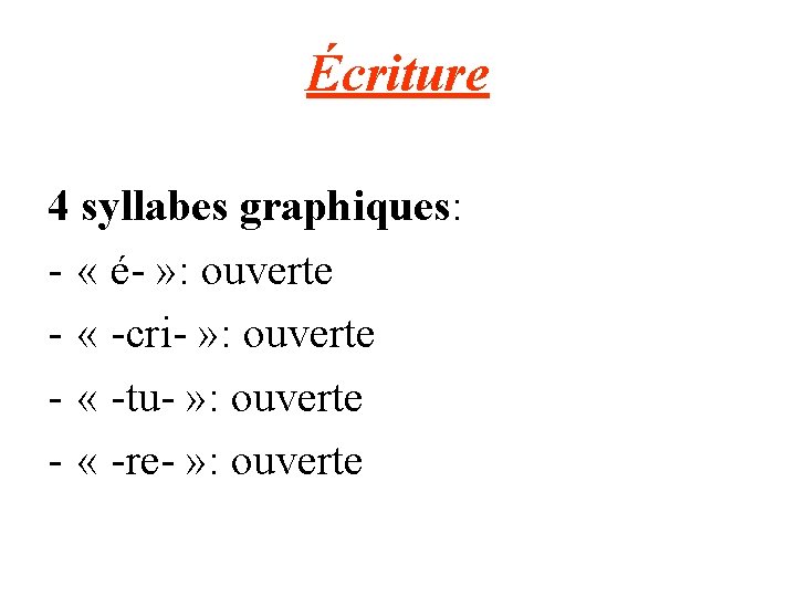 Écriture 4 syllabes graphiques: - « é- » : ouverte - « -cri- »