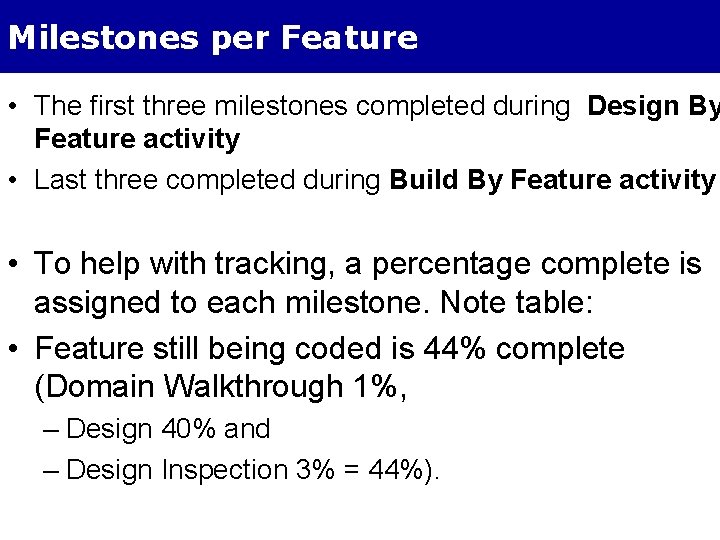 Milestones per Feature • The first three milestones completed during Design By Feature activity