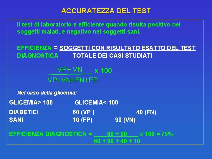 ACCURATEZZA DEL TEST Il test di laboratorio è efficiente quando risulta positivo nei soggetti