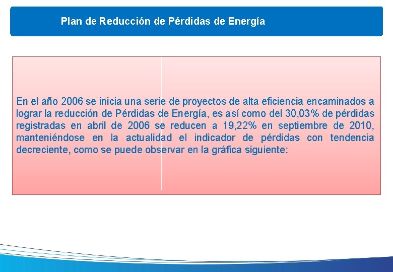 Plan de Reducción de Pérdidas de Energía En el año 2006 se inicia una