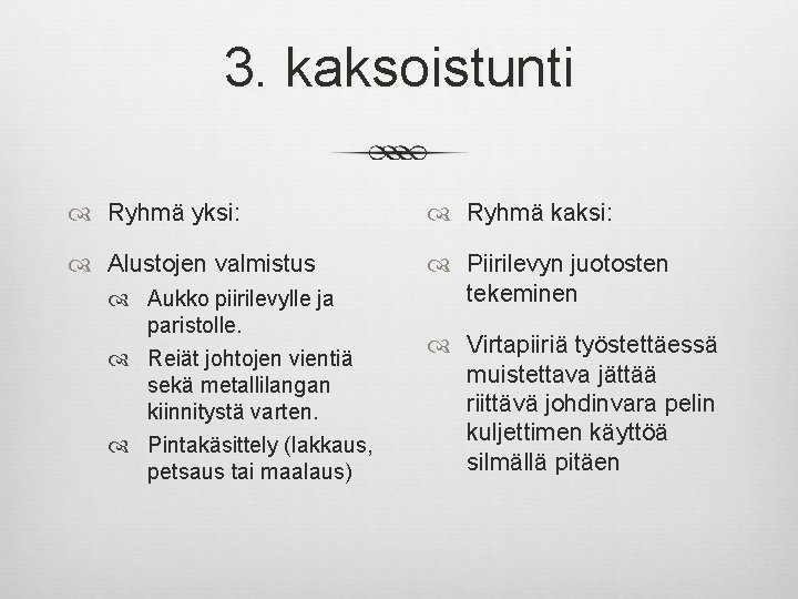 3. kaksoistunti Ryhmä yksi: Ryhmä kaksi: Alustojen valmistus Piirilevyn juotosten tekeminen Aukko piirilevylle ja