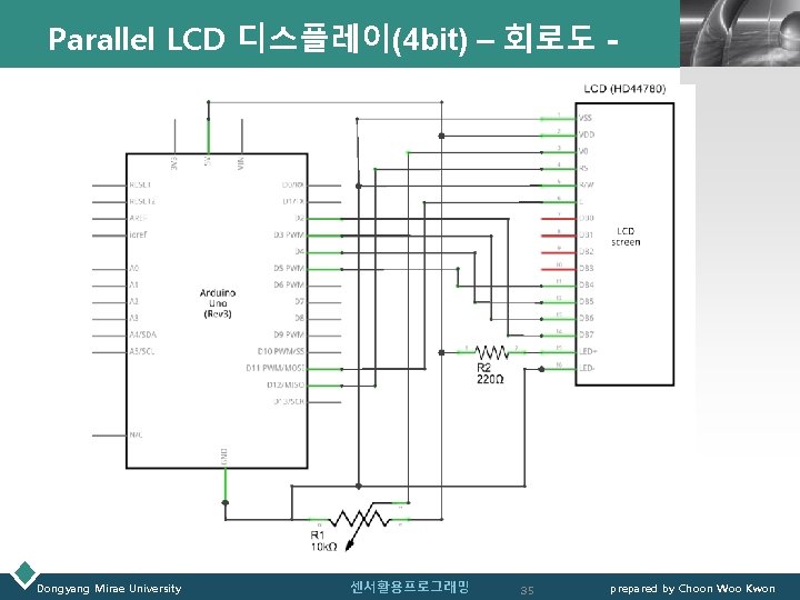 Parallel LCD 디스플레이(4 bit) – 회로도 - Dongyang Mirae University 센서활용프로그래밍 35 LOGO prepared