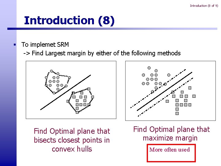 Introduction (8 of 9) Introduction (8) § To implemet SRM -> Find Largest margin Introduction (8 of 9) Introduction (8) § To implemet SRM -> Find Largest margin
