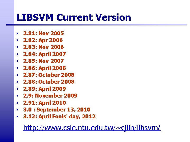 LIBSVM Current Version § § § § 2. 81: Nov 2005 2. 82: Apr LIBSVM Current Version § § § § 2. 81: Nov 2005 2. 82: Apr