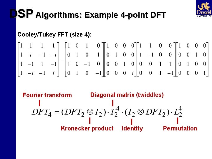 DSP Algorithms: Example 4 -point DFT Cooley/Tukey FFT (size 4): Fourier transform Diagonal matrix