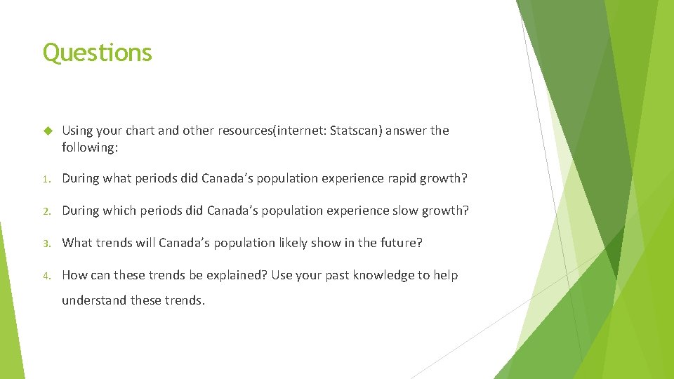 Questions Using your chart and other resources(internet: Statscan) answer the following: 1. During what