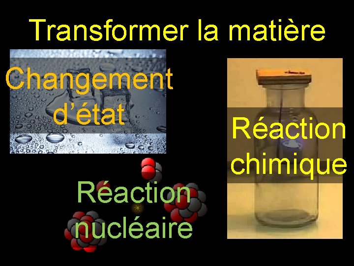 Transformer la matière Changement d’état Réaction nucléaire Réaction chimique Transformer la matière Changement d’état Réaction nucléaire Réaction chimique